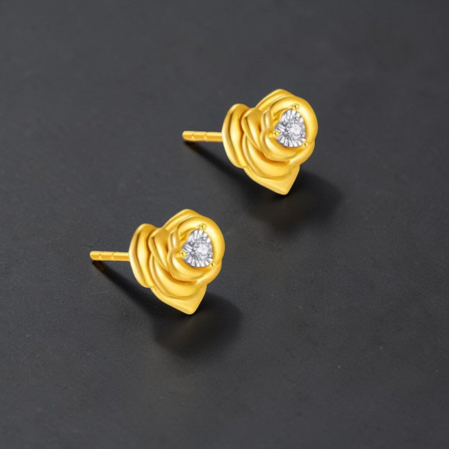 18K Gold Diamond Heart Rose Romantic Stud Earrings