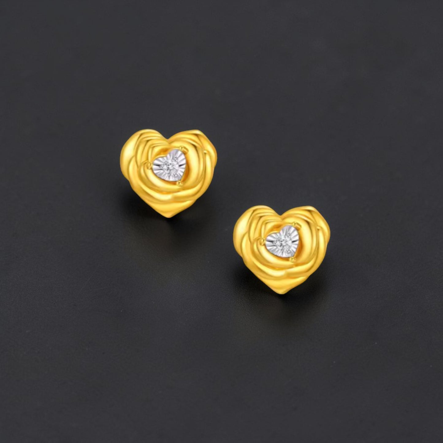 18K Gold Diamond Heart Rose Romantic Stud Earrings