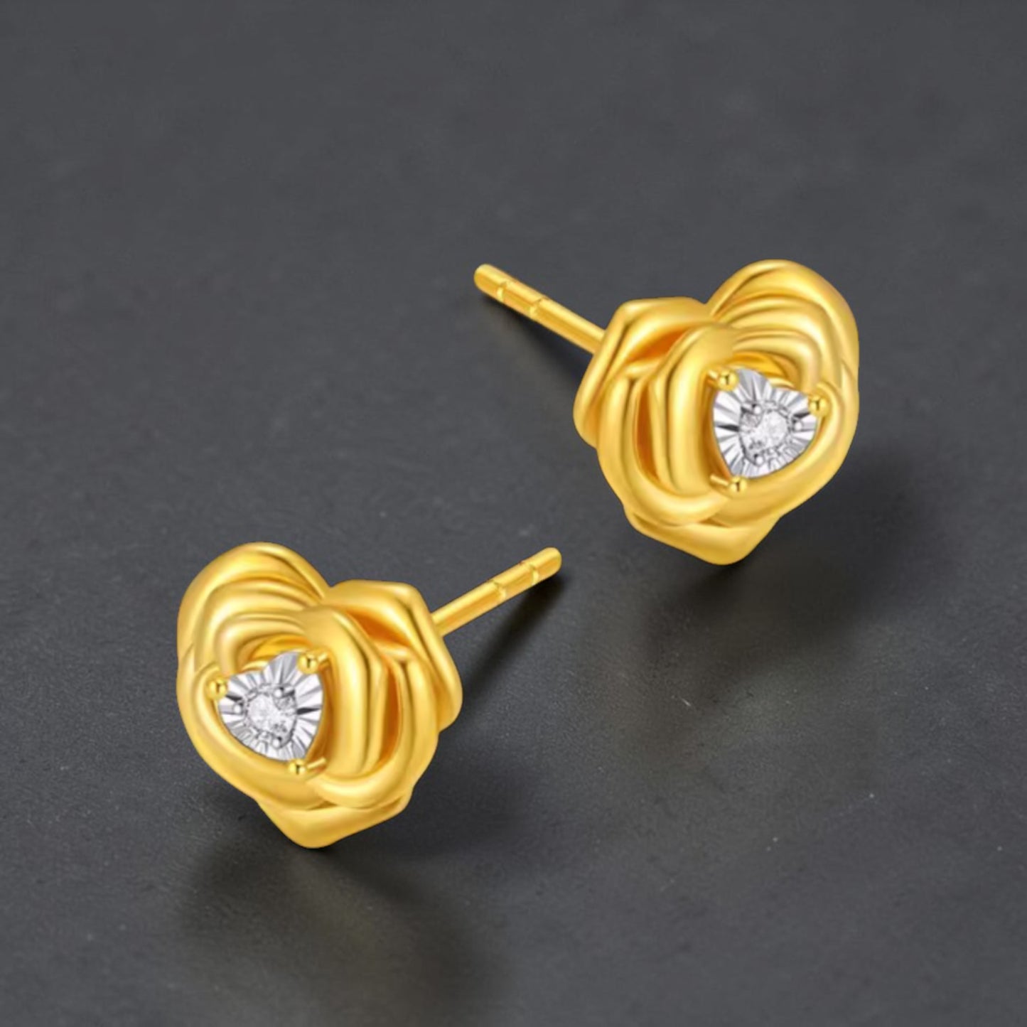 18K Gold Diamond Heart Rose Romantic Stud Earrings