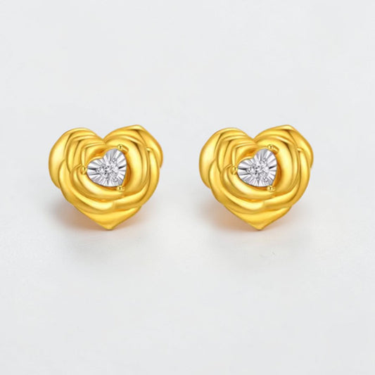 18K Gold Diamond Heart Rose Romantic Stud Earrings