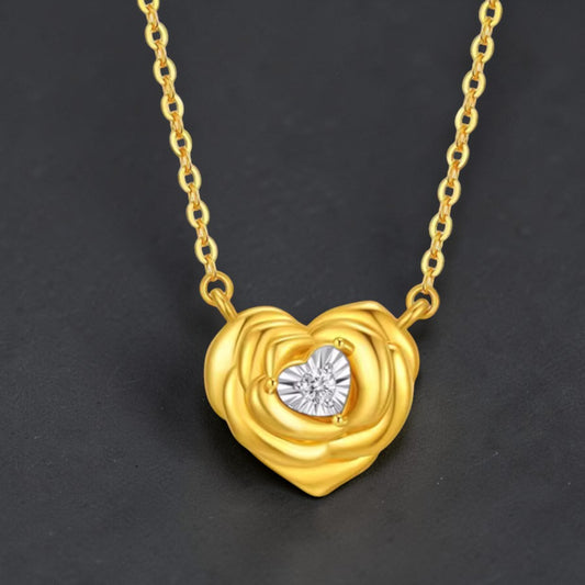 18k Gold Diamond Rose Flower Heart Romantic Pendant Necklace