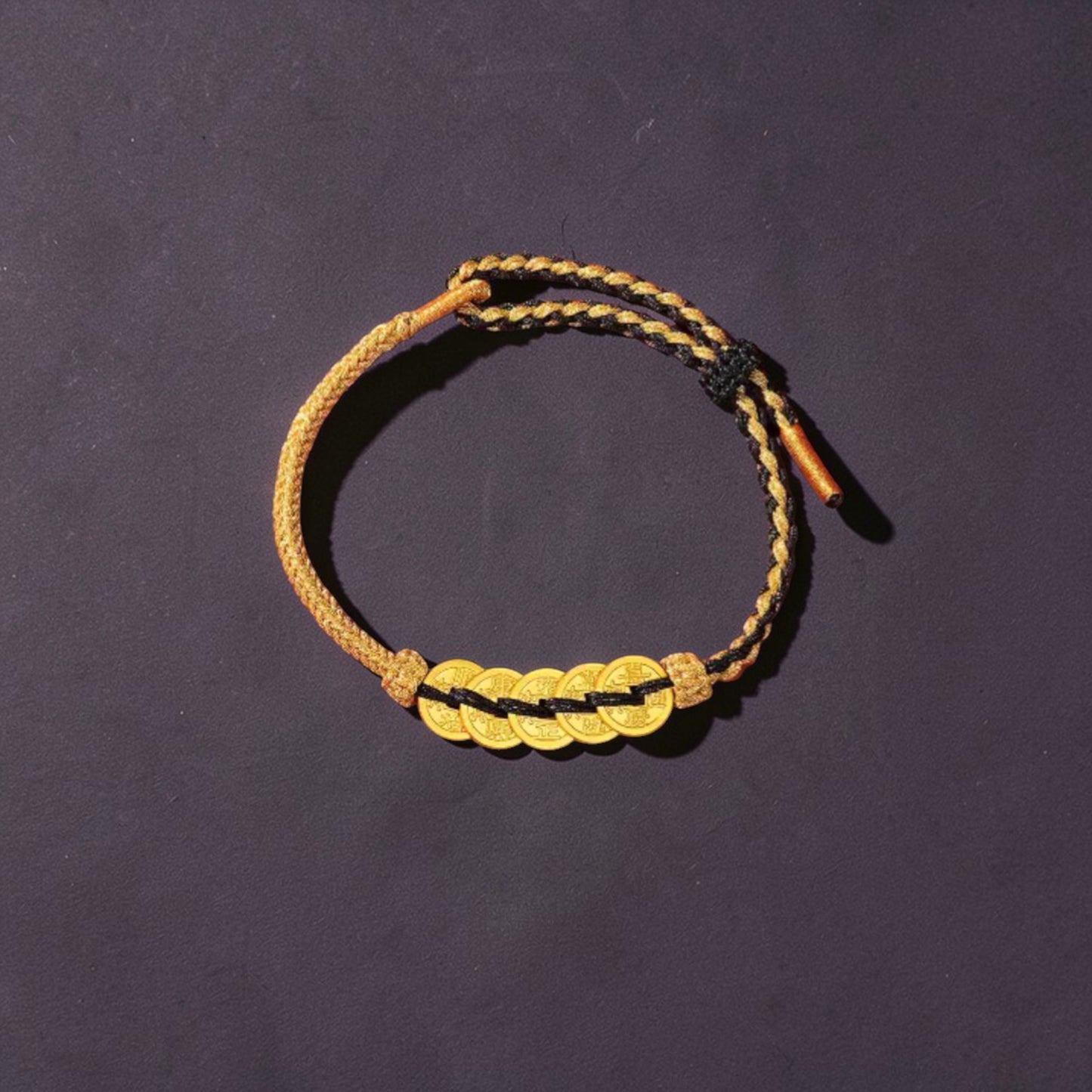 24k 999 Gold Five Emperor Coins Charm Woven Adjustable Bracelet