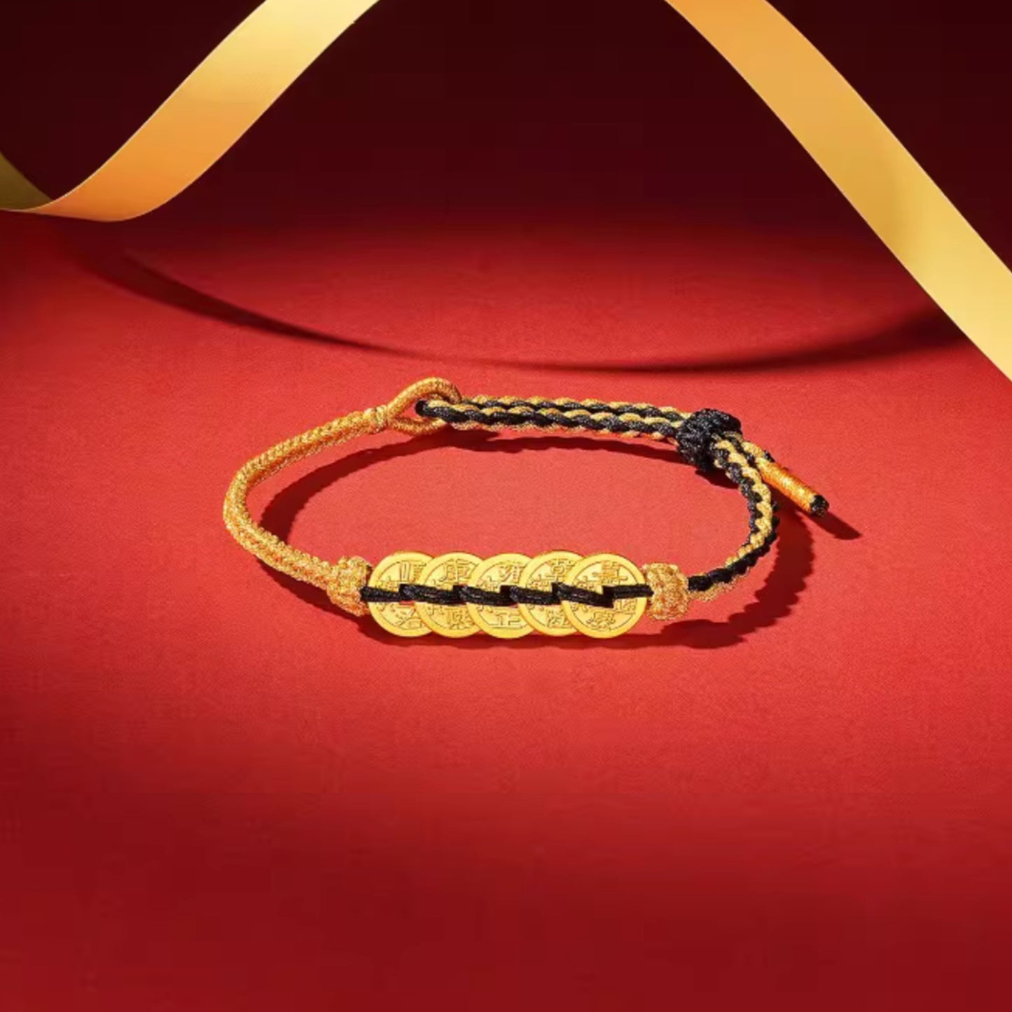 24k 999 Gold Five Emperor Coins Charm Woven Adjustable Bracelet