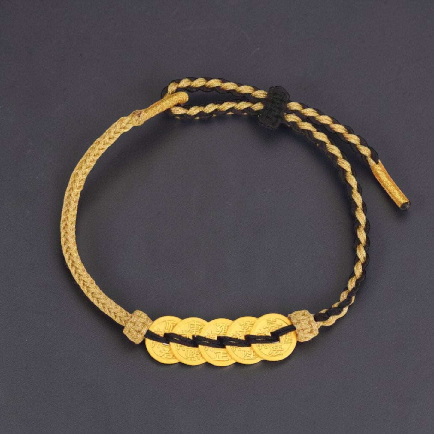 24k 999 Gold Five Emperor Coins Charm Woven Adjustable Bracelet