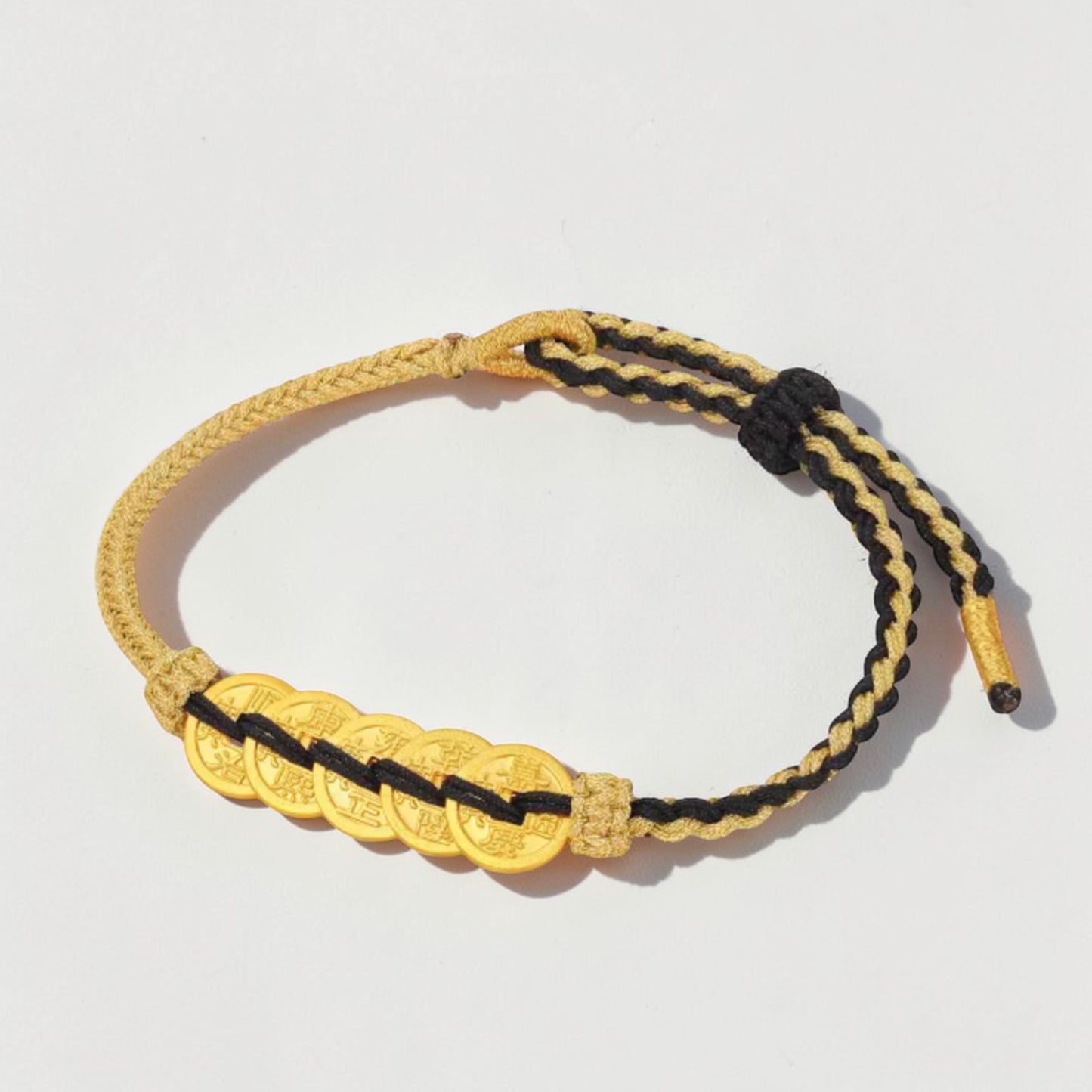 24k 999 Gold Five Emperor Coins Charm Woven Adjustable Bracelet