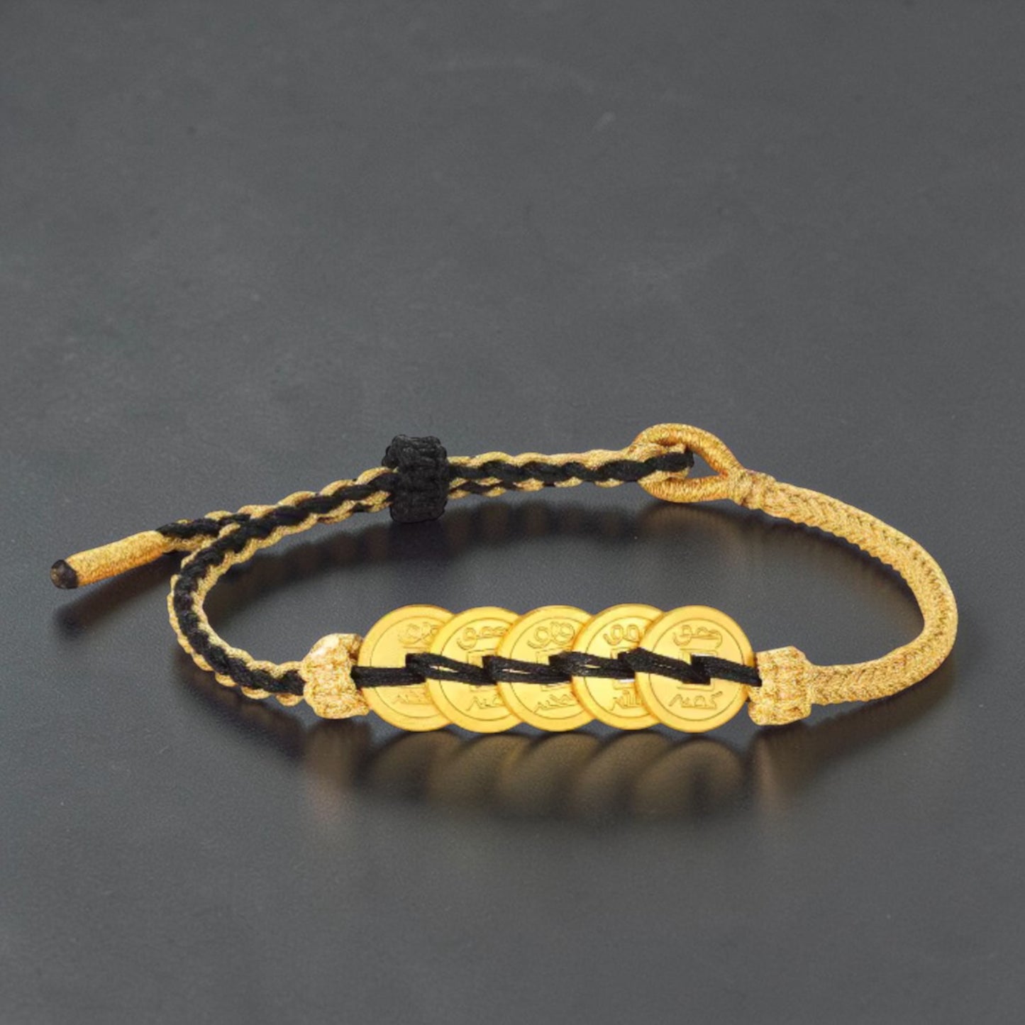 24k 999 Gold Five Emperor Coins Charm Woven Adjustable Bracelet
