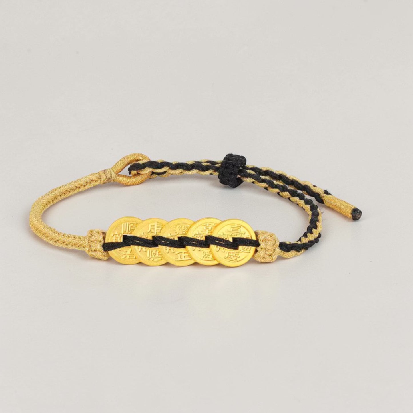24k 999 Gold Five Emperor Coins Charm Woven Adjustable Bracelet