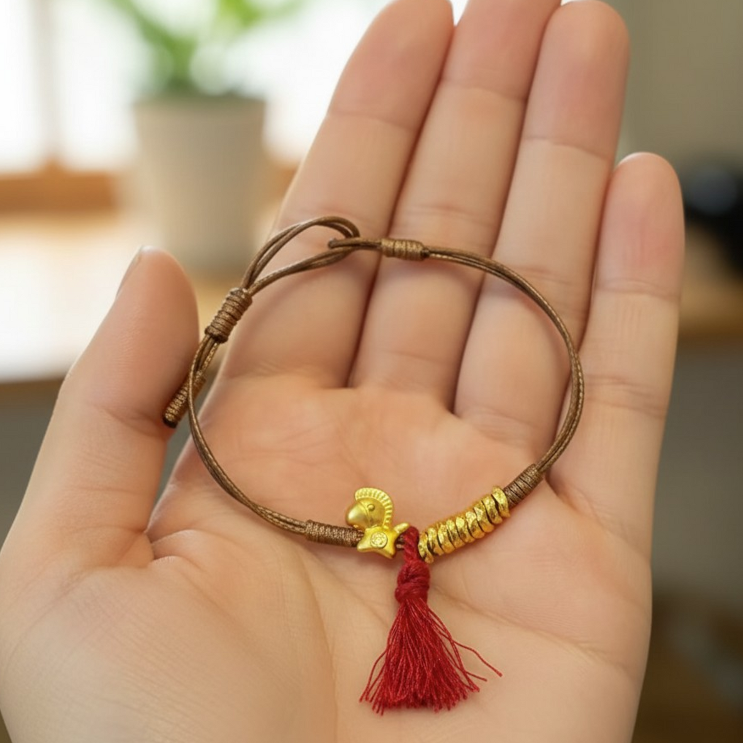 24k 999 Gold Mini Horse Beads Charm Tassel Woven Adjustable Bracelet