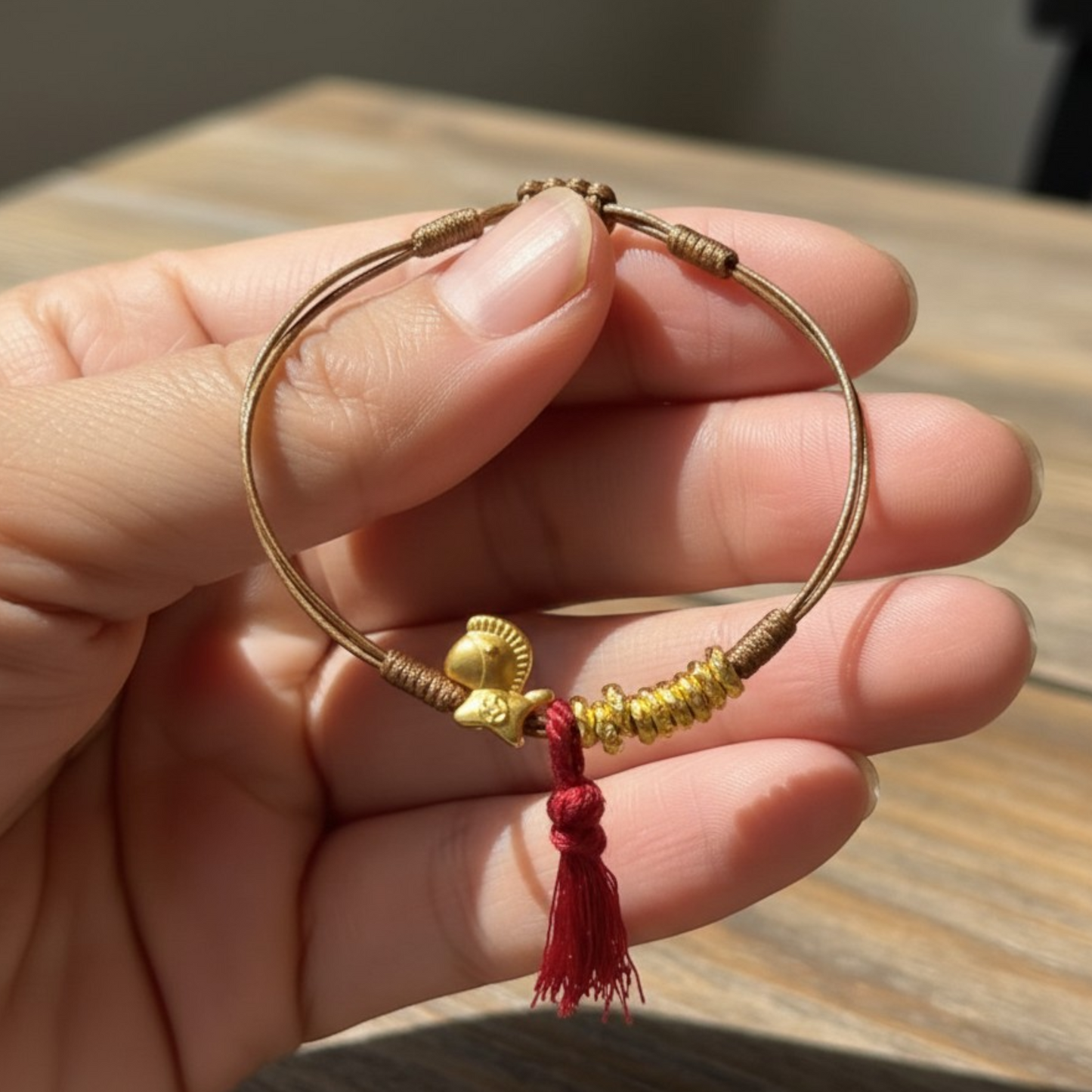 24k 999 Gold Mini Horse Beads Charm Tassel Woven Adjustable Bracelet