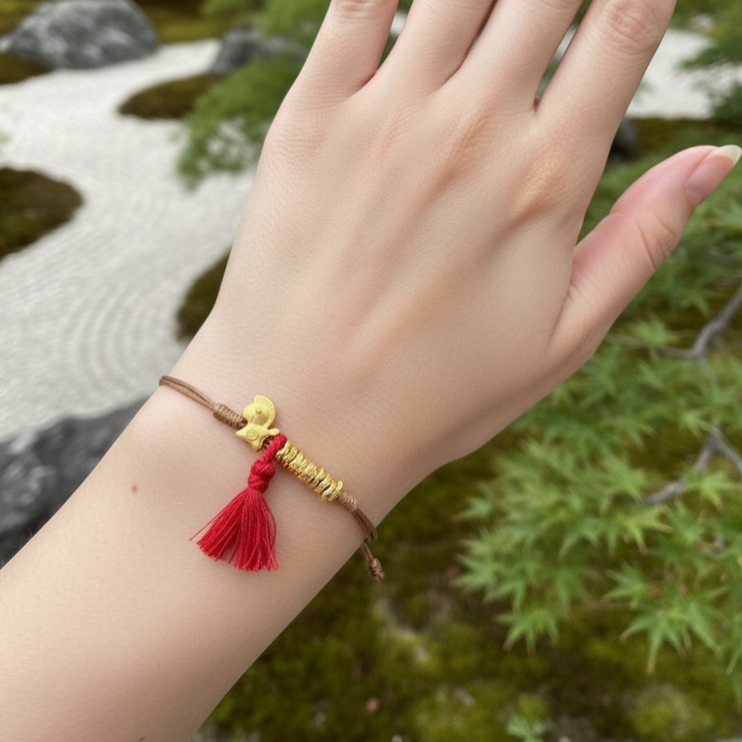 24k 999 Gold Mini Horse Beads Charm Tassel Woven Adjustable Bracelet