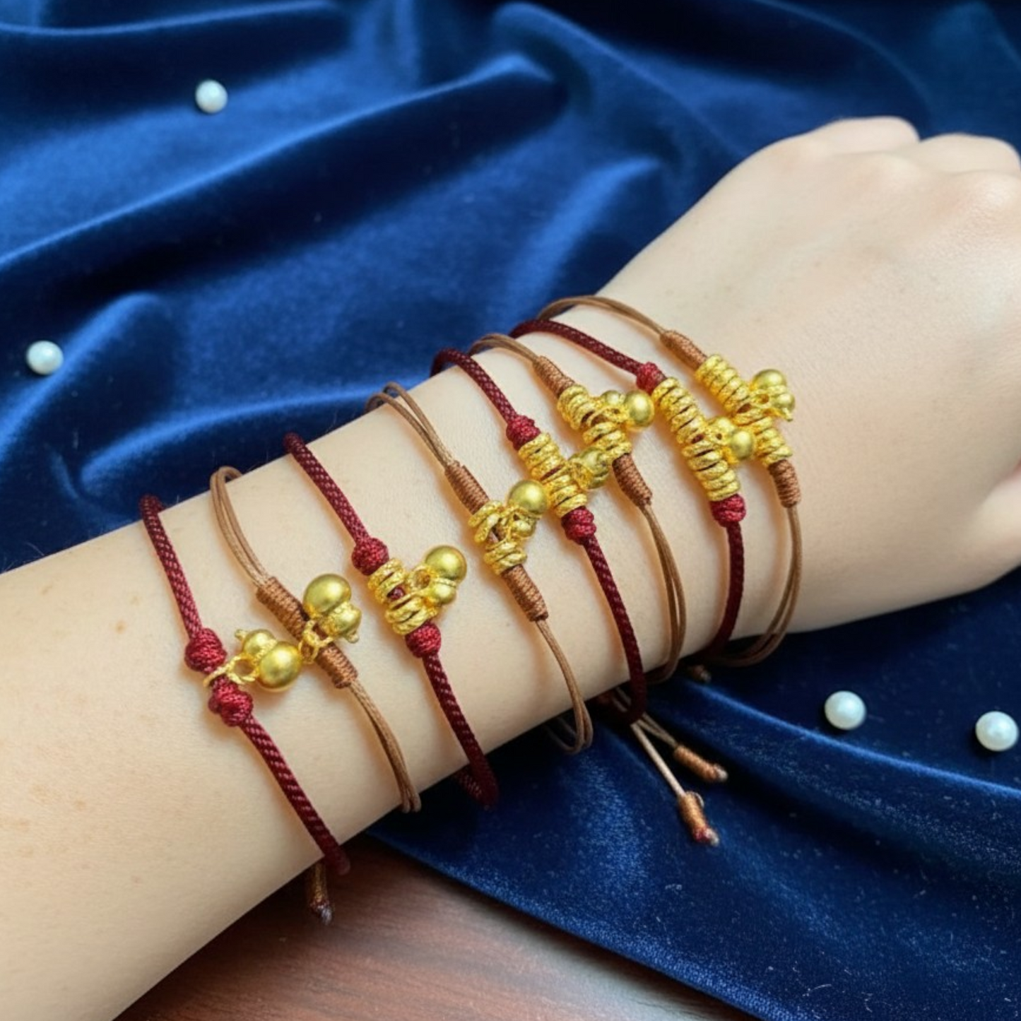 24k 999 Gold Lucky Gourd with Beads Charms Woven Adjustable Bracelet