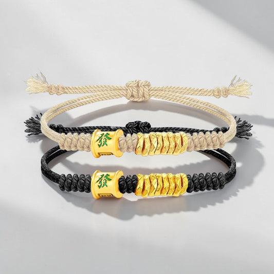 24k 999 Gold Lucky Mahjong Wealth Charm Beads Woven Adjustable Bracelet