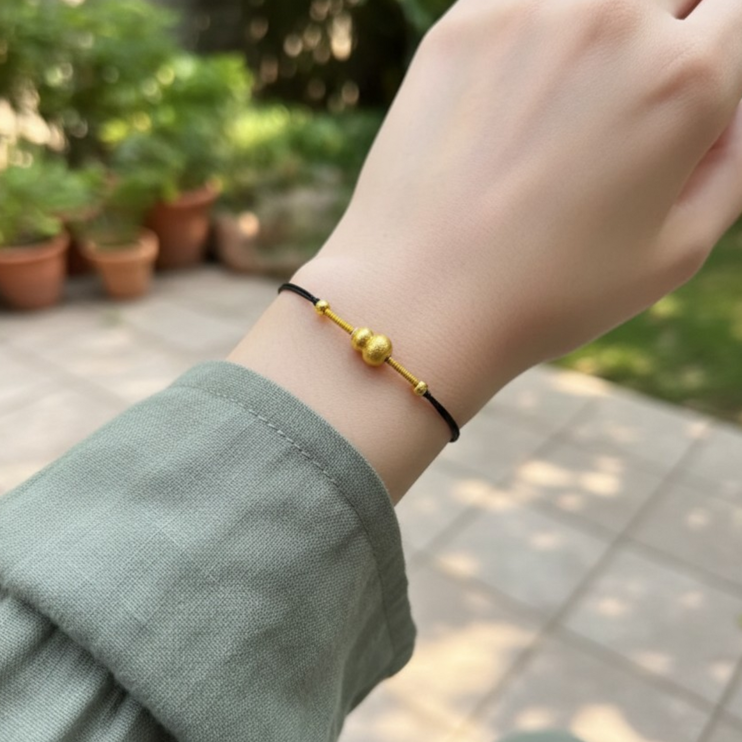 24k 999 Gold Mini Gourd Charm Thin Rope Braided Bracelet