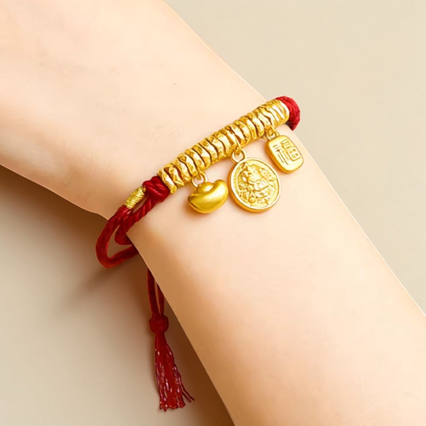 24k 999 Gold Ingot and "Fu" Blessing Charm Woven Adjustable Bracelet