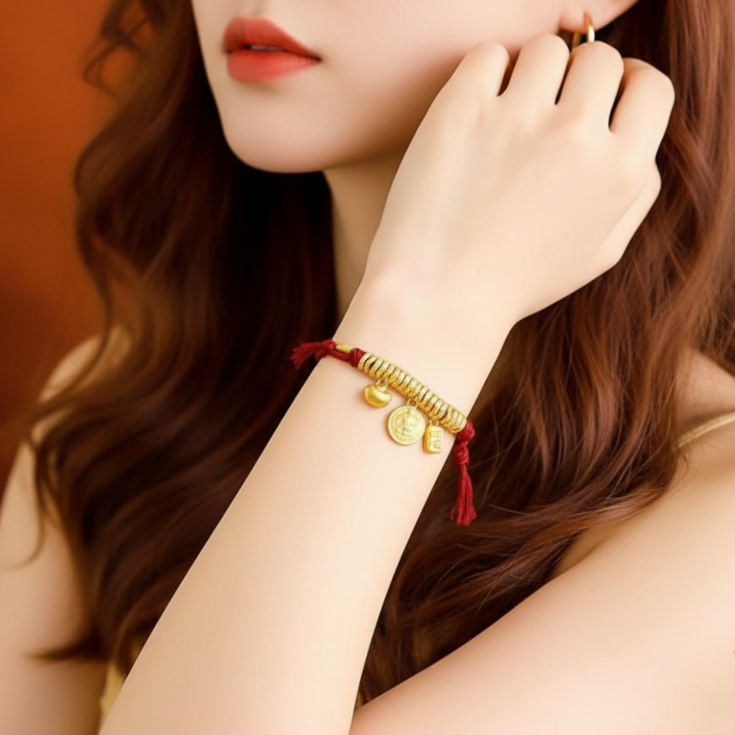 24k 999 Gold Ingot and "Fu" Blessing Charm Woven Adjustable Bracelet