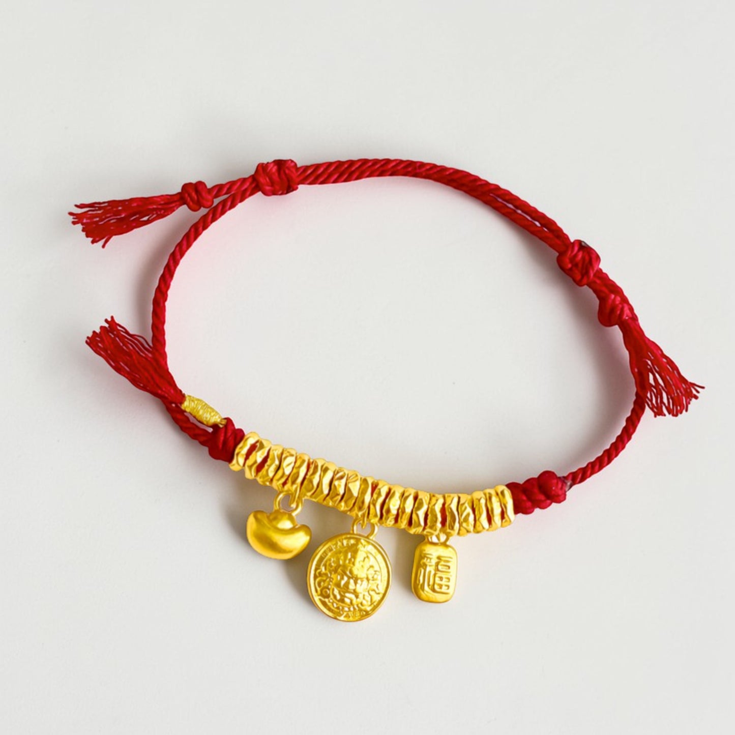 24k 999 Gold Ingot and "Fu" Blessing Charm Woven Adjustable Bracelet