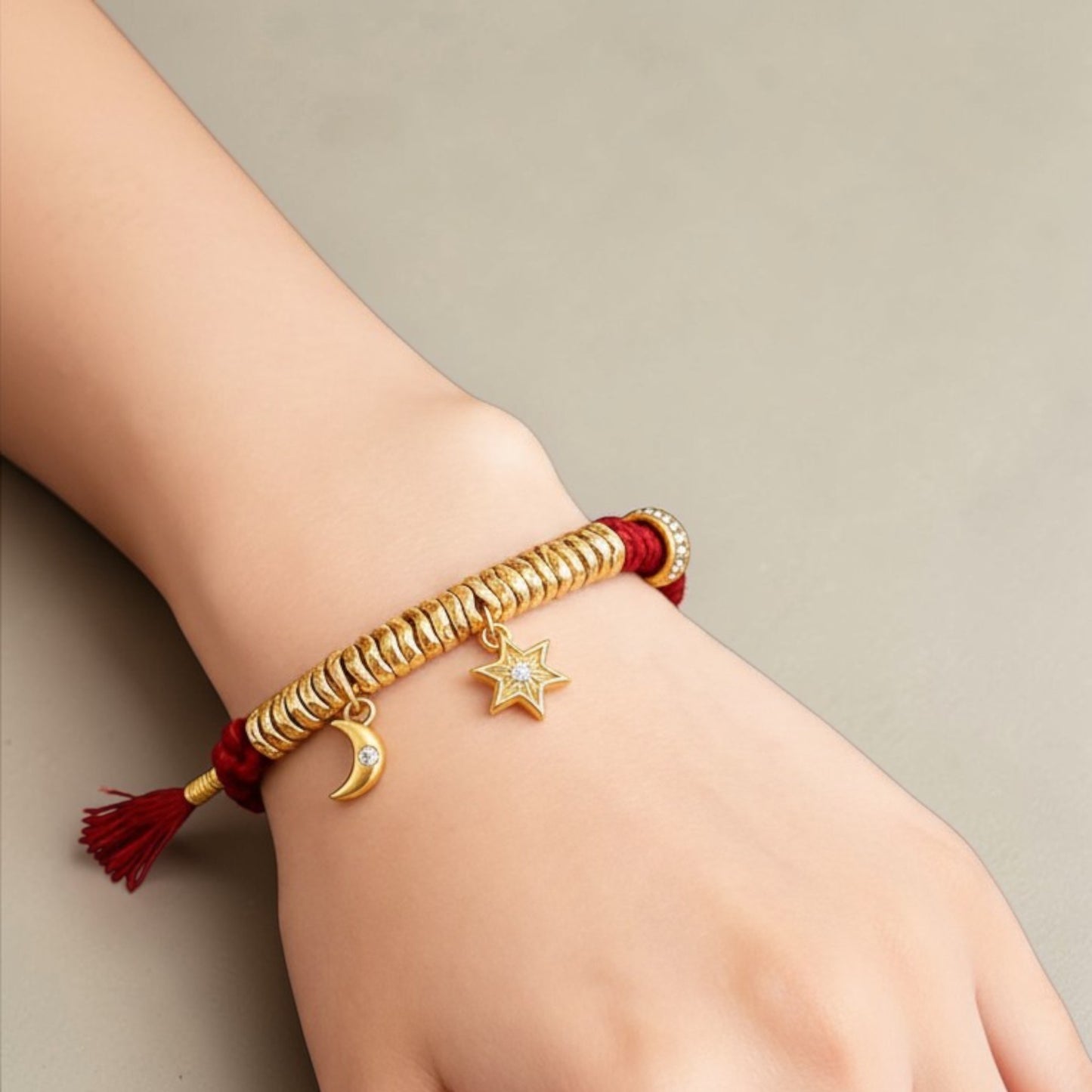 24k 999 Gold Moon and Star Charm Woven Adjustable Bracelet