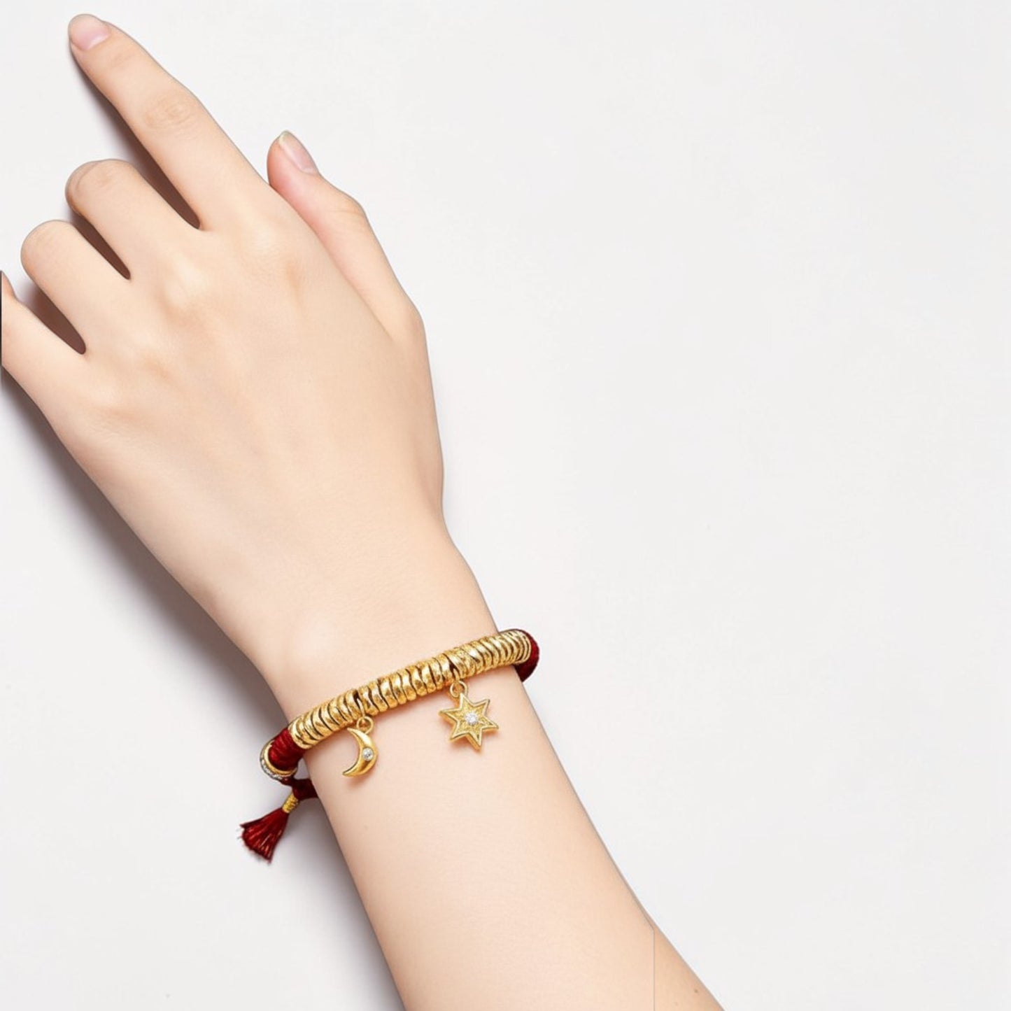 24k 999 Gold Moon and Star Charm Woven Adjustable Bracelet