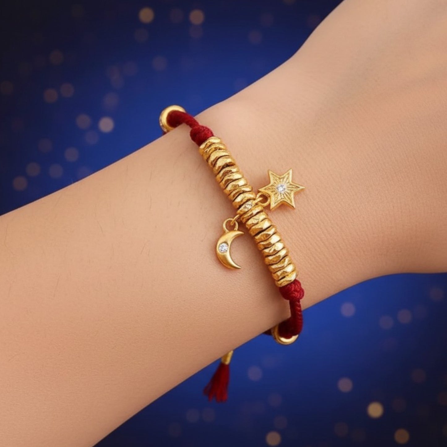 24k 999 Gold Moon and Star Charm Woven Adjustable Bracelet