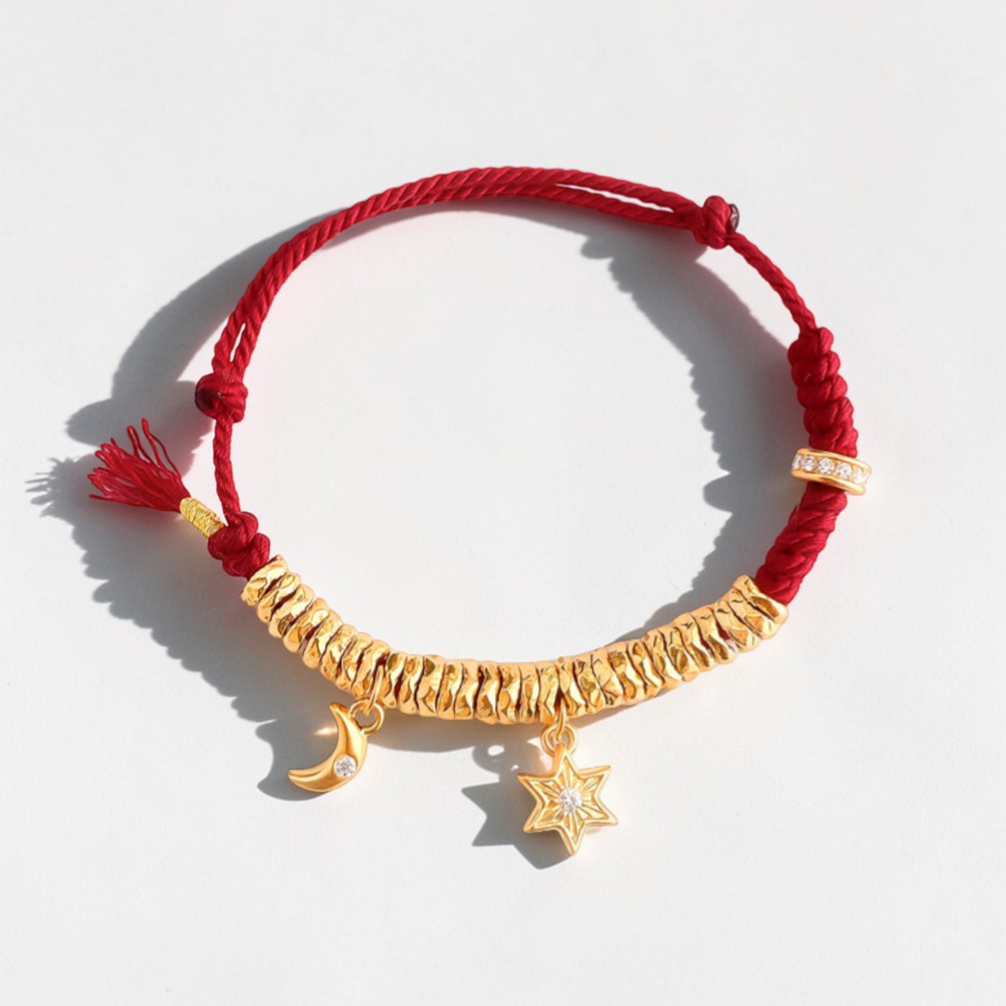 24k 999 Gold Moon and Star Charm Woven Adjustable Bracelet