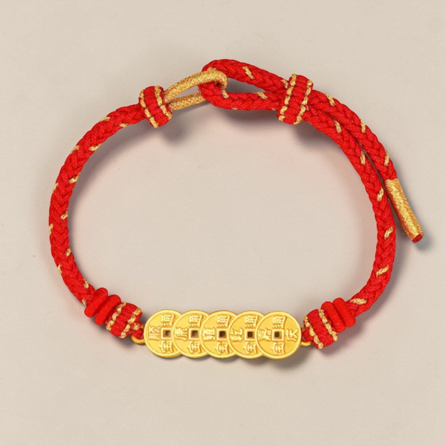 24K 999 5D Hard Gold Five Emperor Coins Charm with Braided Rope Bracelet