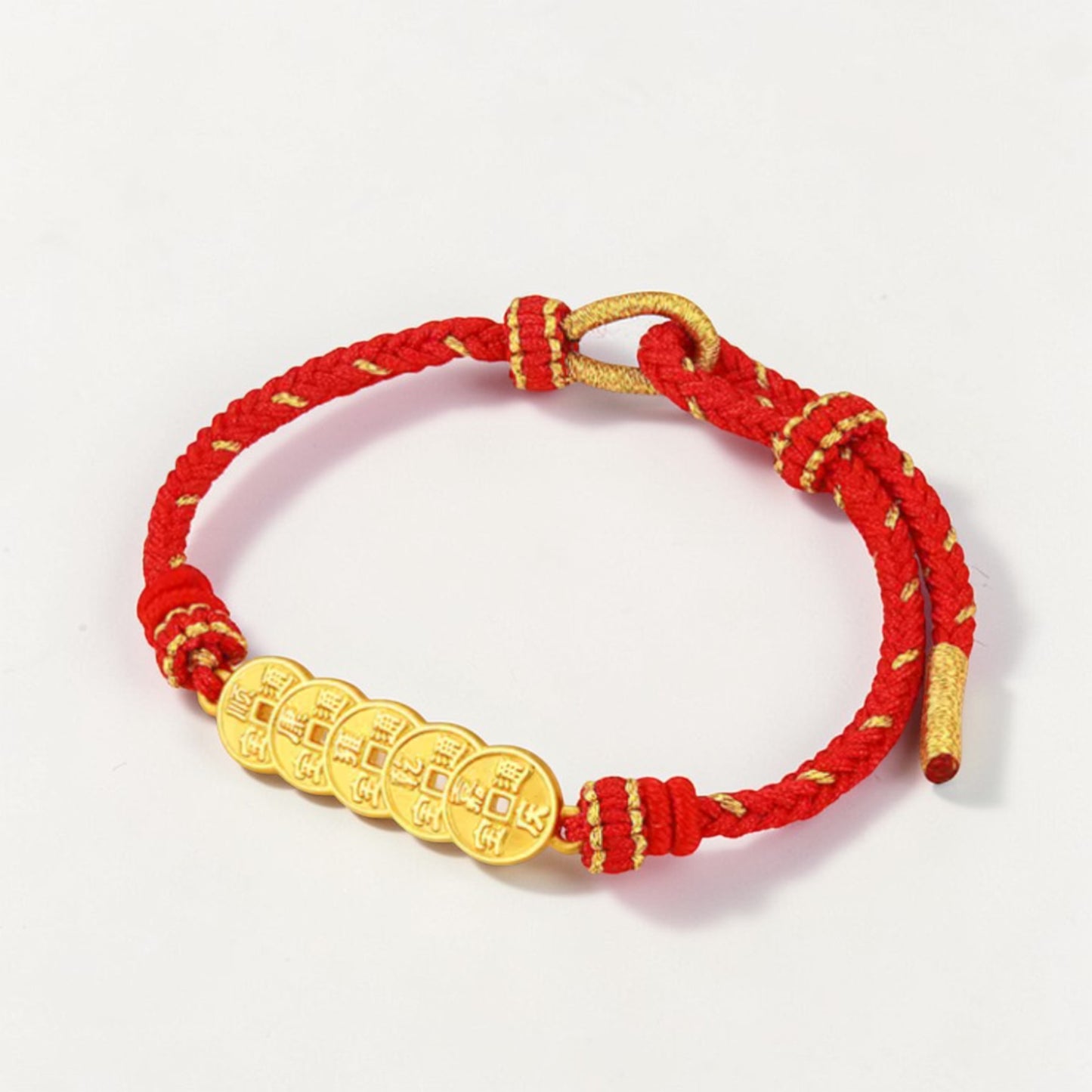 24K 999 5D Hard Gold Five Emperor Coins Charm with Braided Rope Bracelet