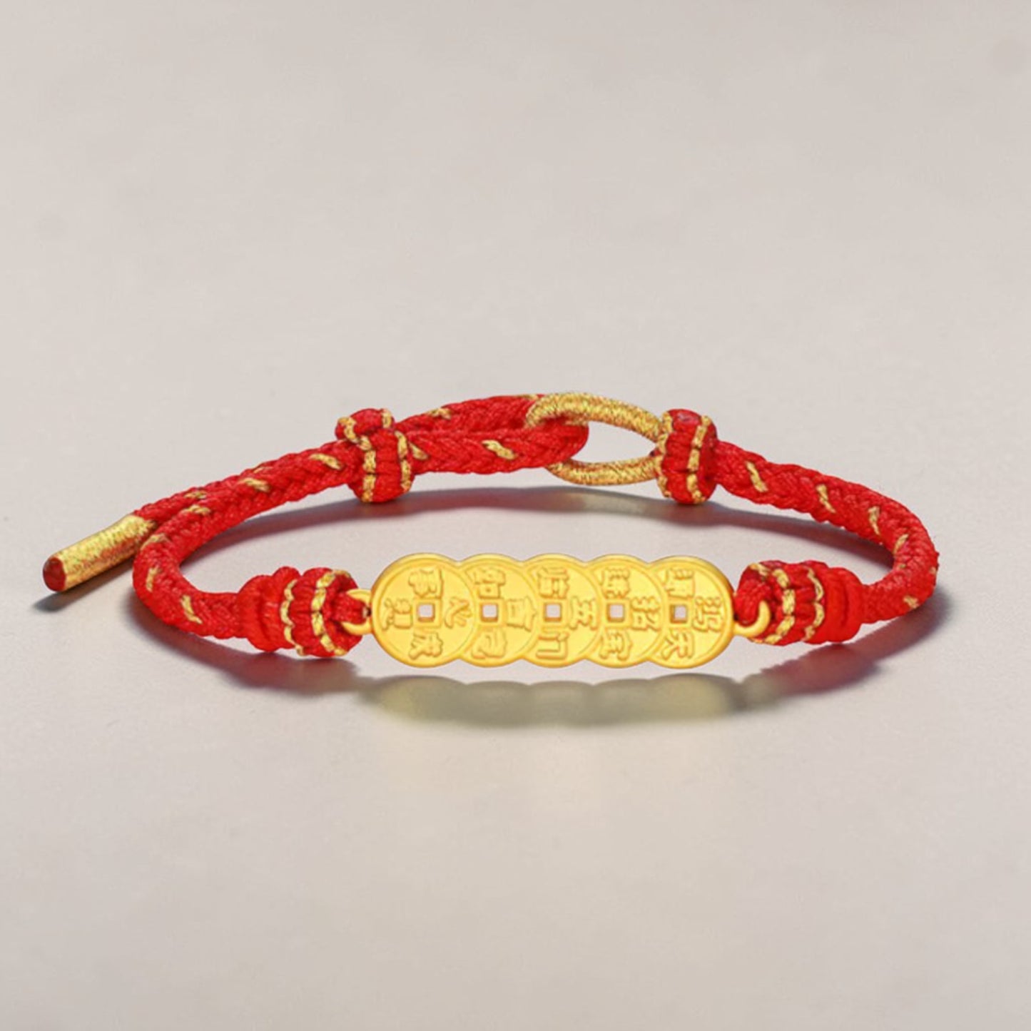 24K 999 5D Hard Gold Five Emperor Coins Charm with Braided Rope Bracelet
