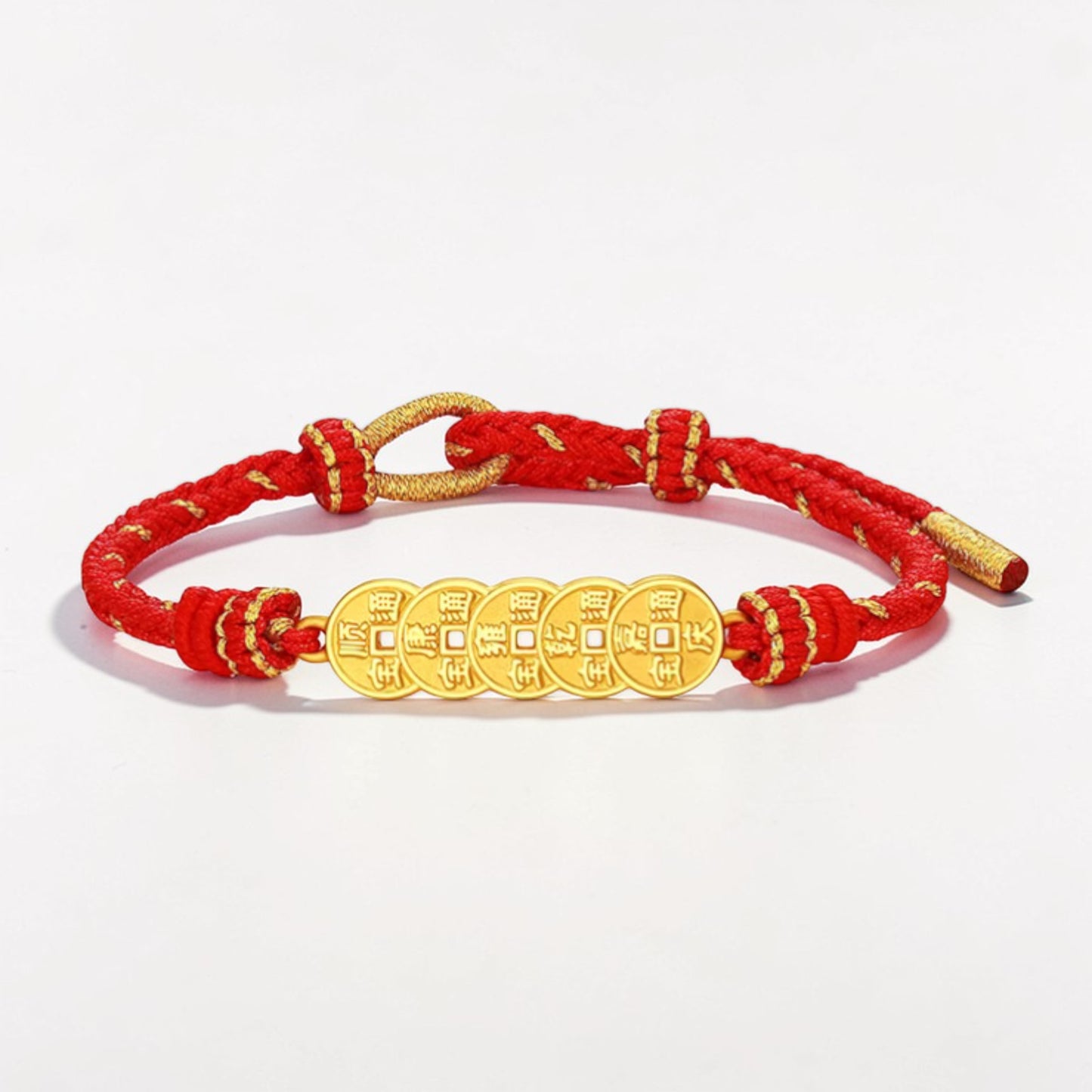 24K 999 5D Hard Gold Five Emperor Coins Charm with Braided Rope Bracelet
