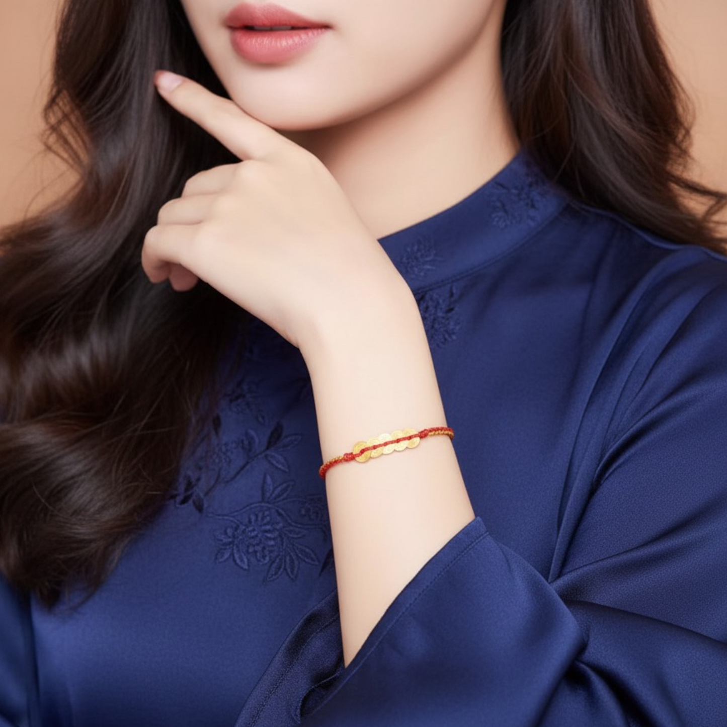 24K 999 Solid Gold Five Emperor Coins Charm with Braided Rope Bracelet