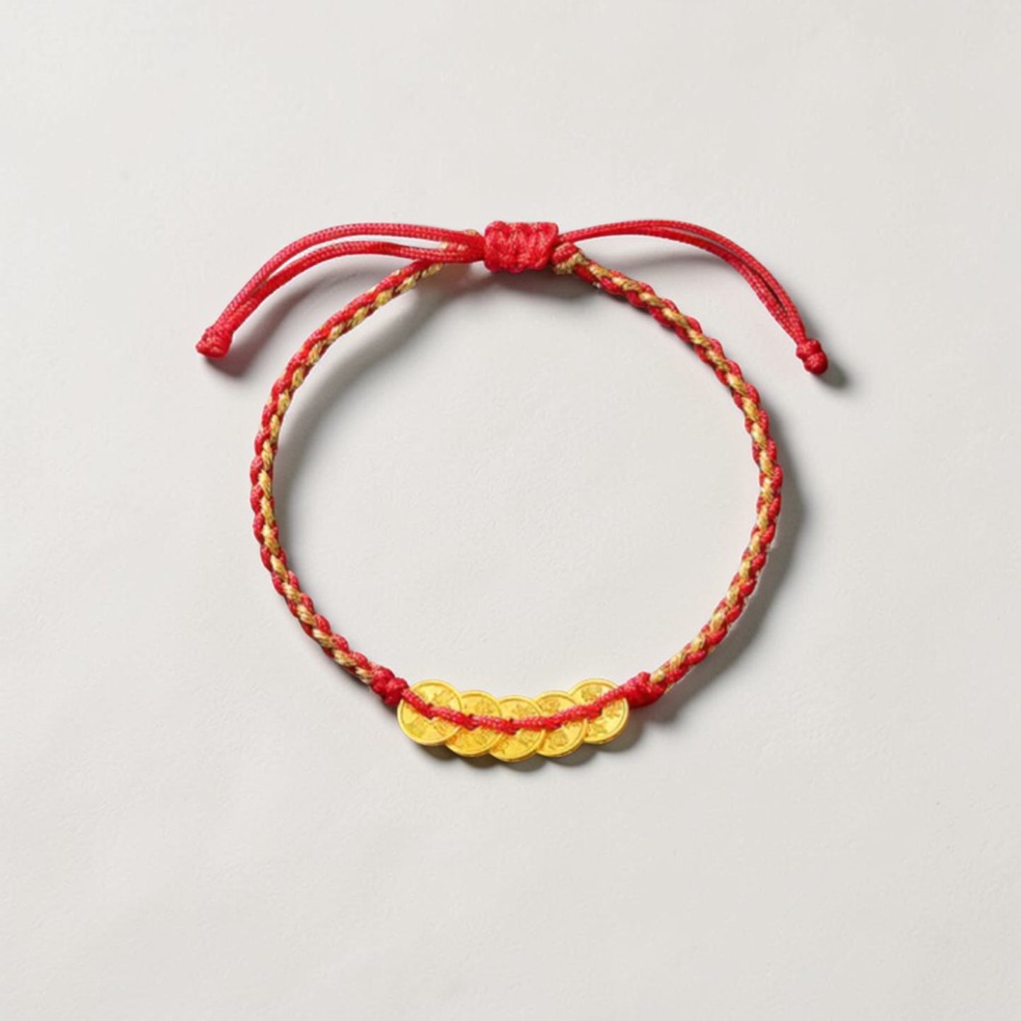 24K 999 Solid Gold Five Emperor Coins Charm with Braided Rope Bracelet