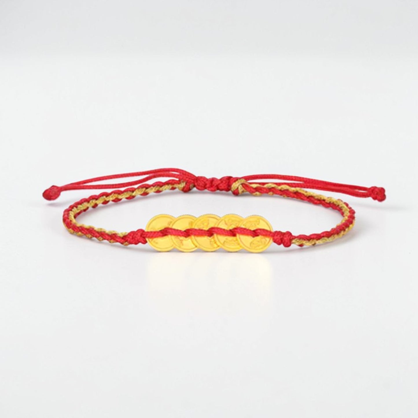 24K 999 Solid Gold Five Emperor Coins Charm with Braided Rope Bracelet