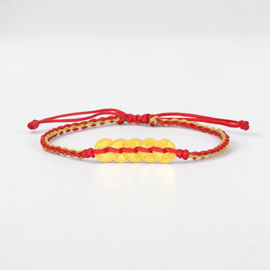 24K 999 Solid Gold Five Emperor Coins Charm with Braided Rope Bracelet