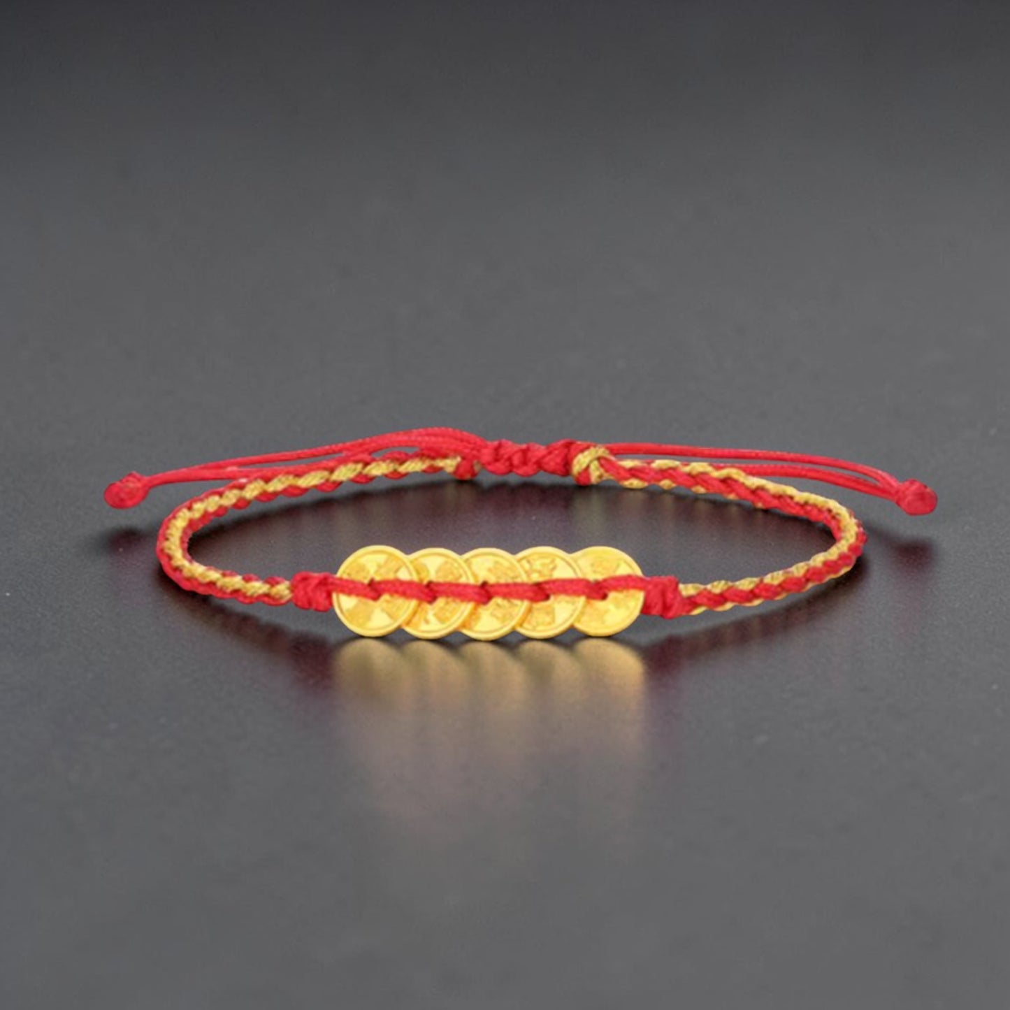 24K 999 Solid Gold Five Emperor Coins Charm with Braided Rope Bracelet