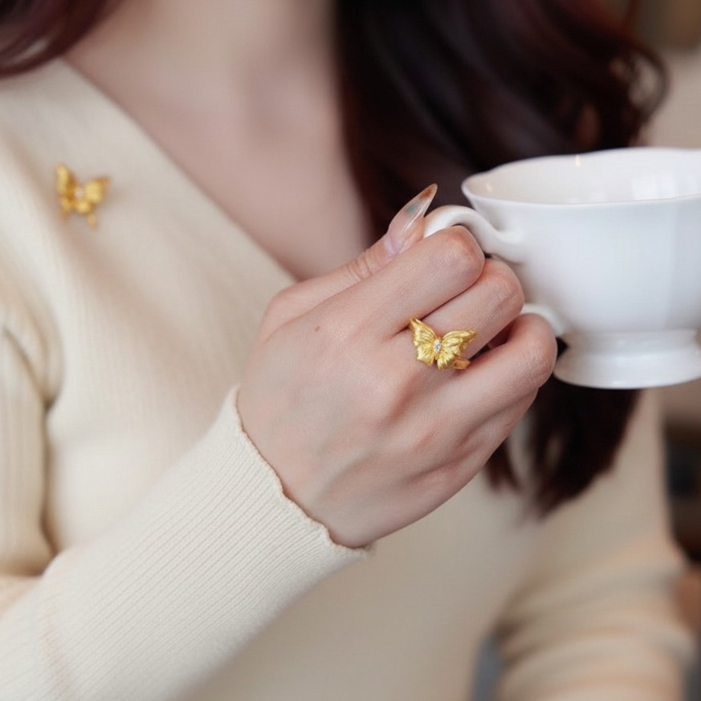 24K 5D Gold Moissanite Dancing Butterfly Ring