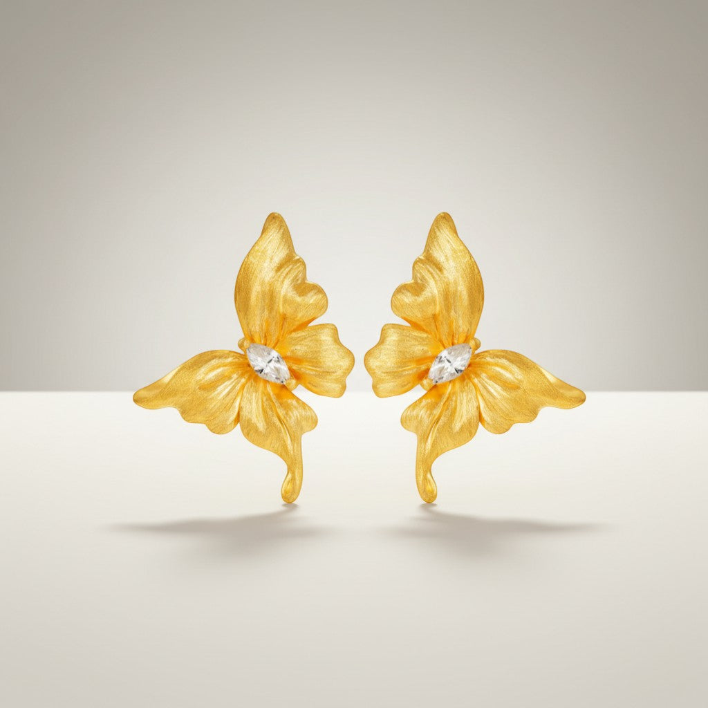 24K 5D Gold Moissanite Dancing Butterfly Stud Earrings