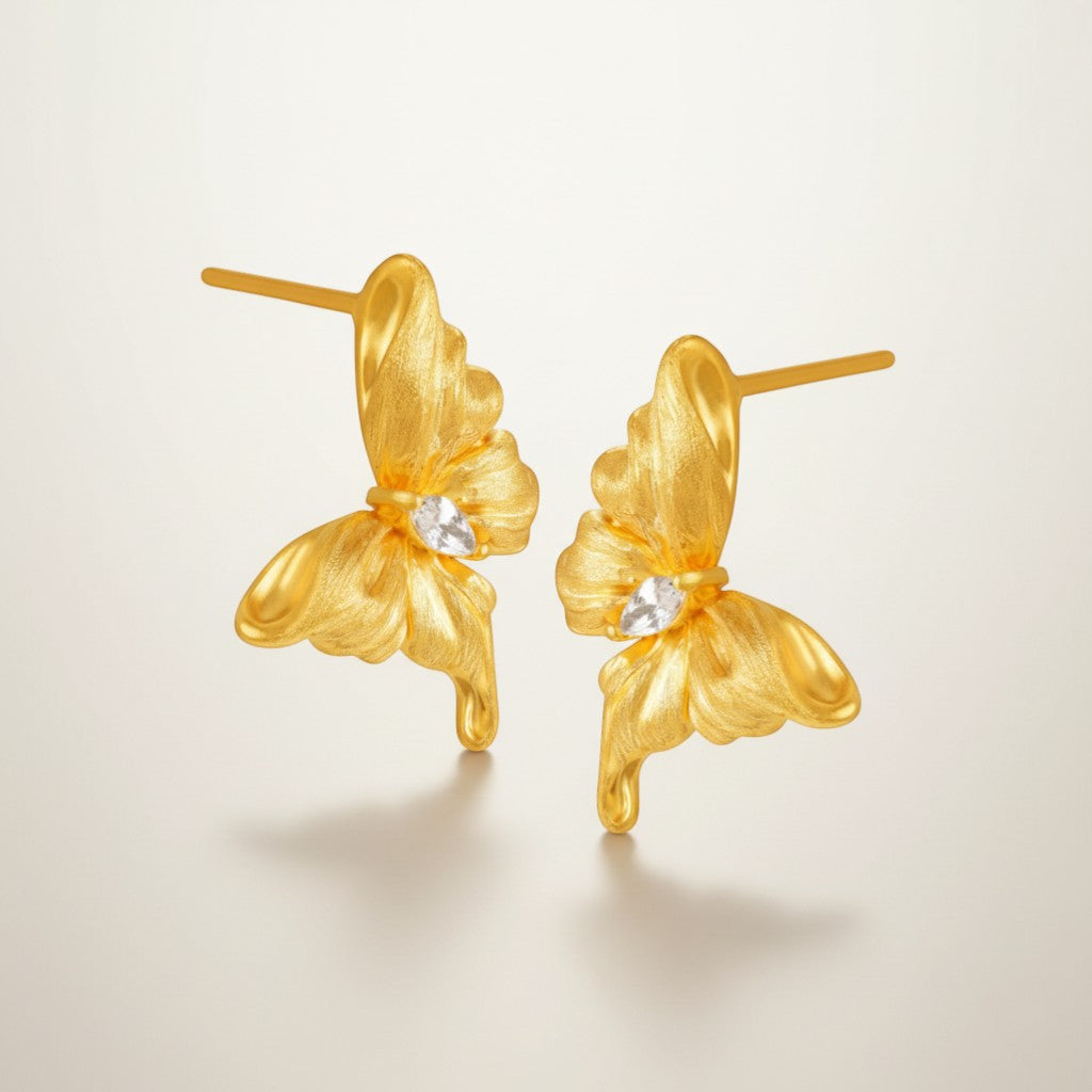 24K 5D Gold Moissanite Dancing Butterfly Stud Earrings