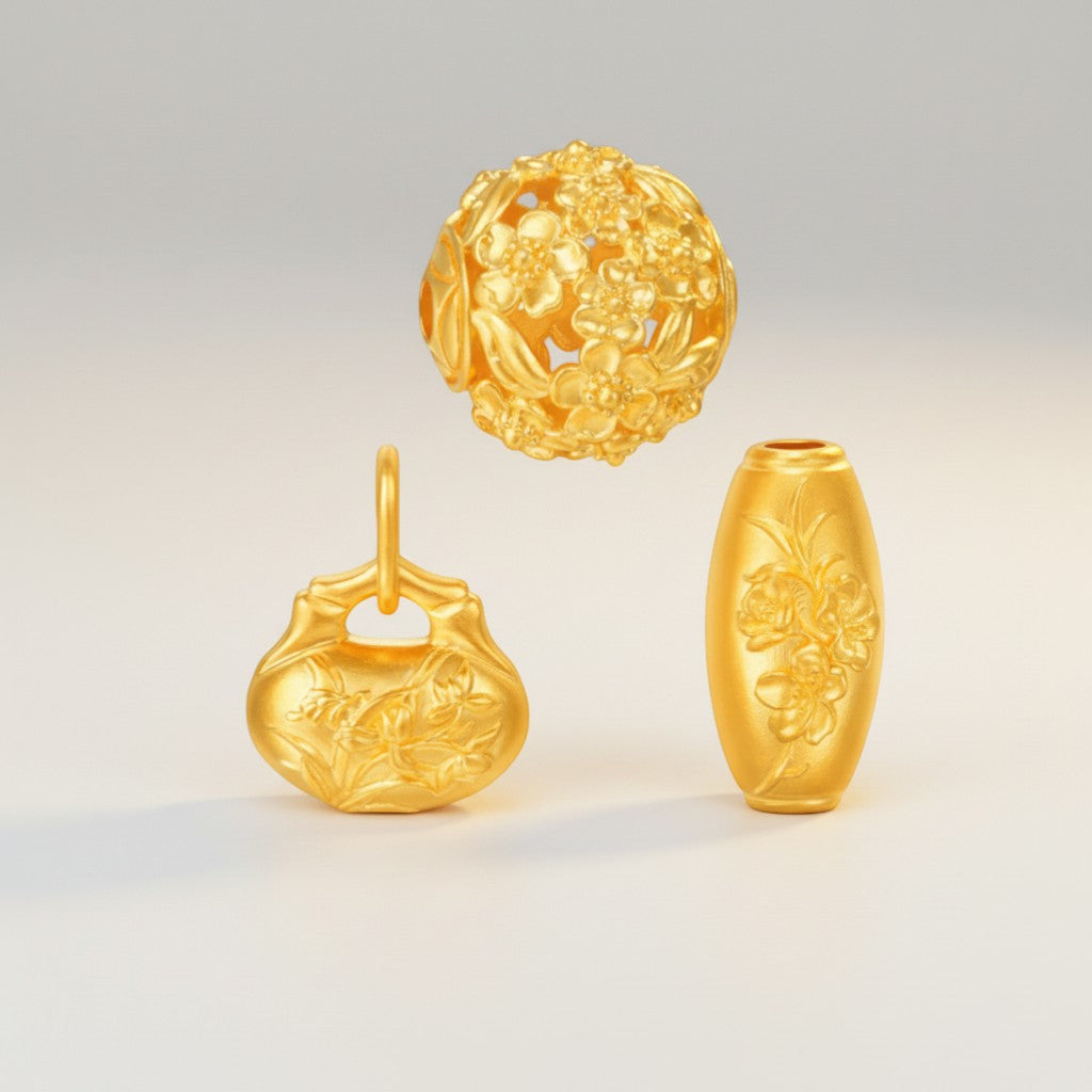 24k Gold Chinese-Style Floral Apricot Orchid Peach Blossom Bead D.I.Y Charm Spacer