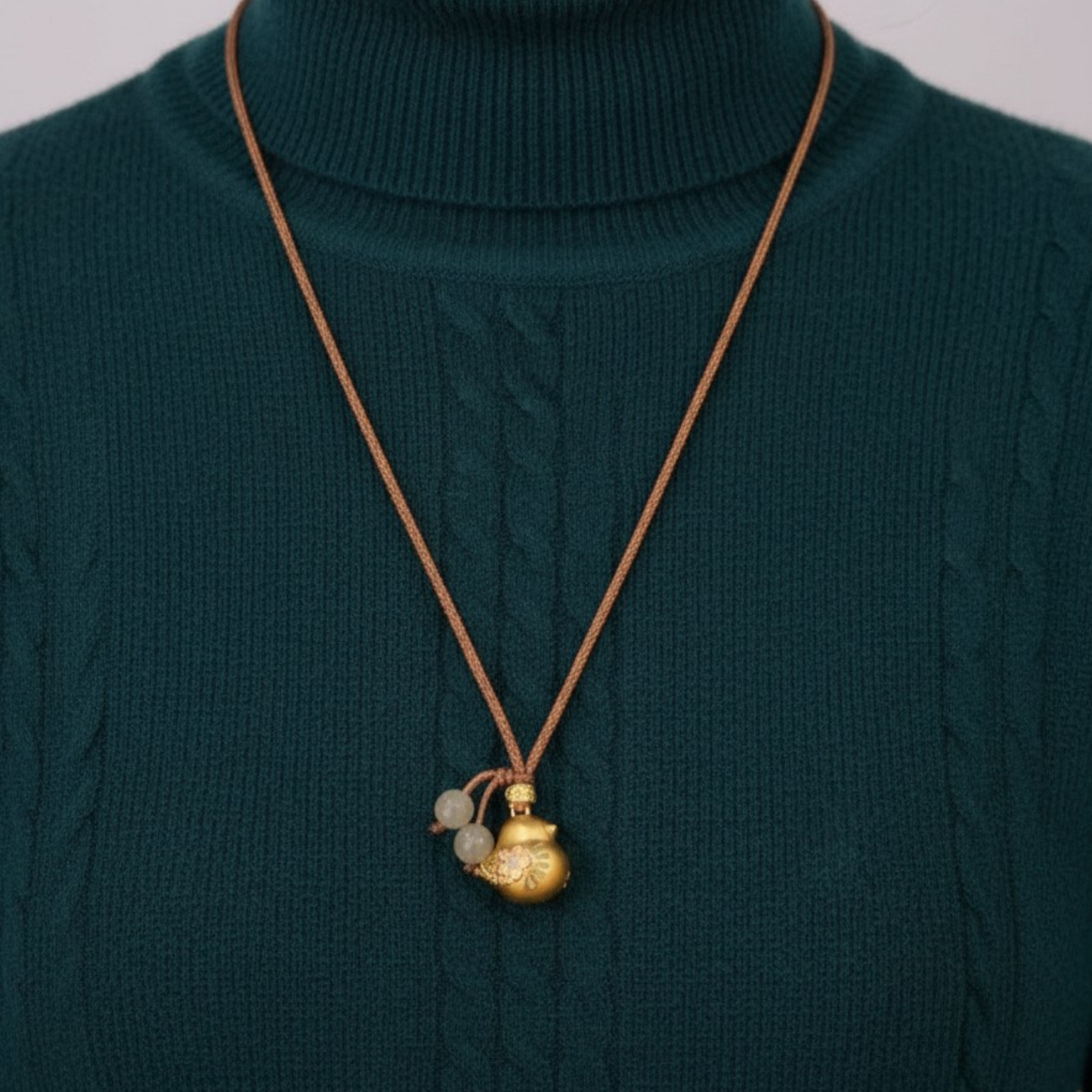 24K Gold Lucky Enamel Flower Pattern Bird Pendant Rope Braided Necklace