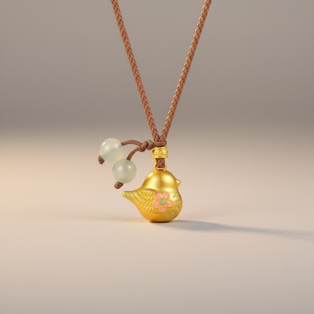 24K Gold Lucky Enamel Flower Pattern Bird Pendant Rope Braided Necklace