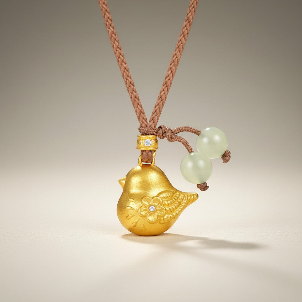 24K Gold Lucky Enamel Flower Pattern Bird Pendant Rope Braided Necklace