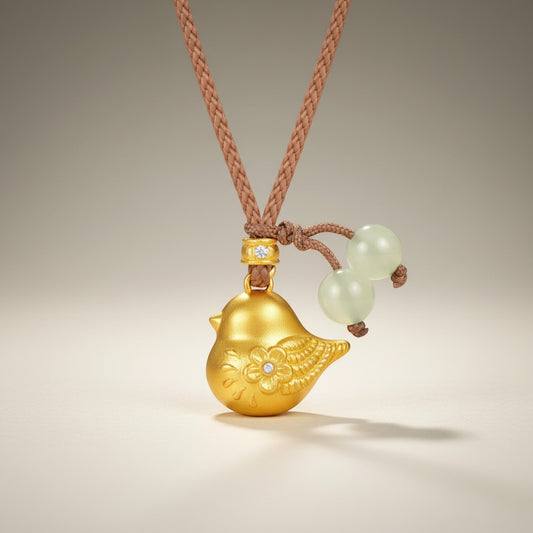 24K Gold Lucky Enamel Flower Pattern Bird Pendant Rope Braided Necklace