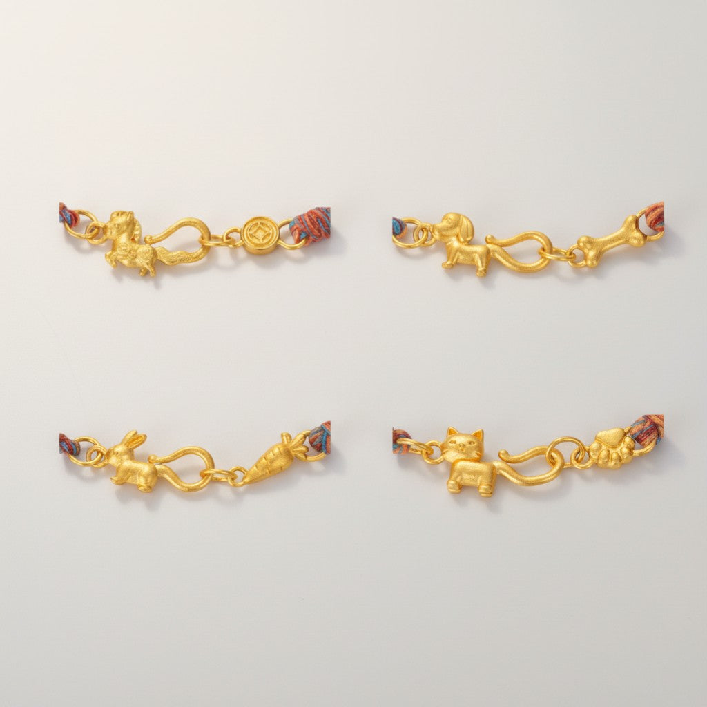 24K Gold Zodiac Horse Cat Dog Rabbit Charm Braided Tassel Rope Bracelet