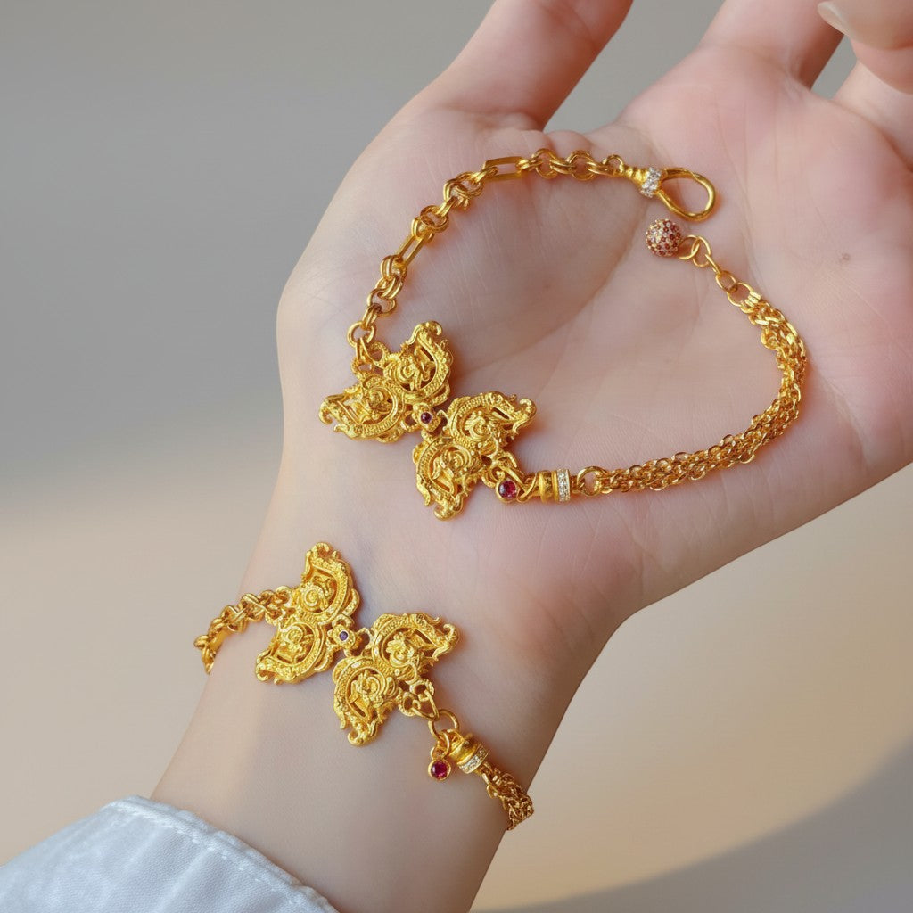 24K Gold Dragon and Phoenix Auspiciousness Chain Bracelet