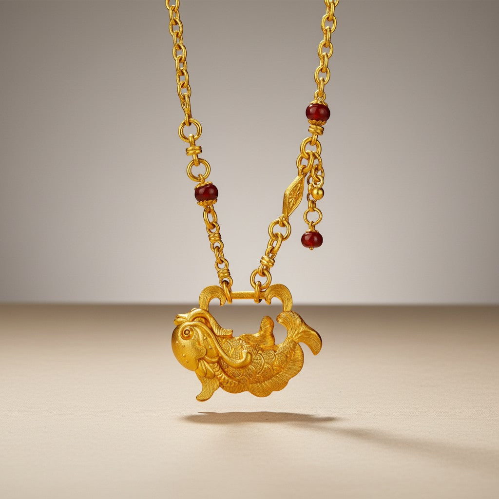 24K Gold Fish Leaping Over Dragon Gate Pendant Necklace