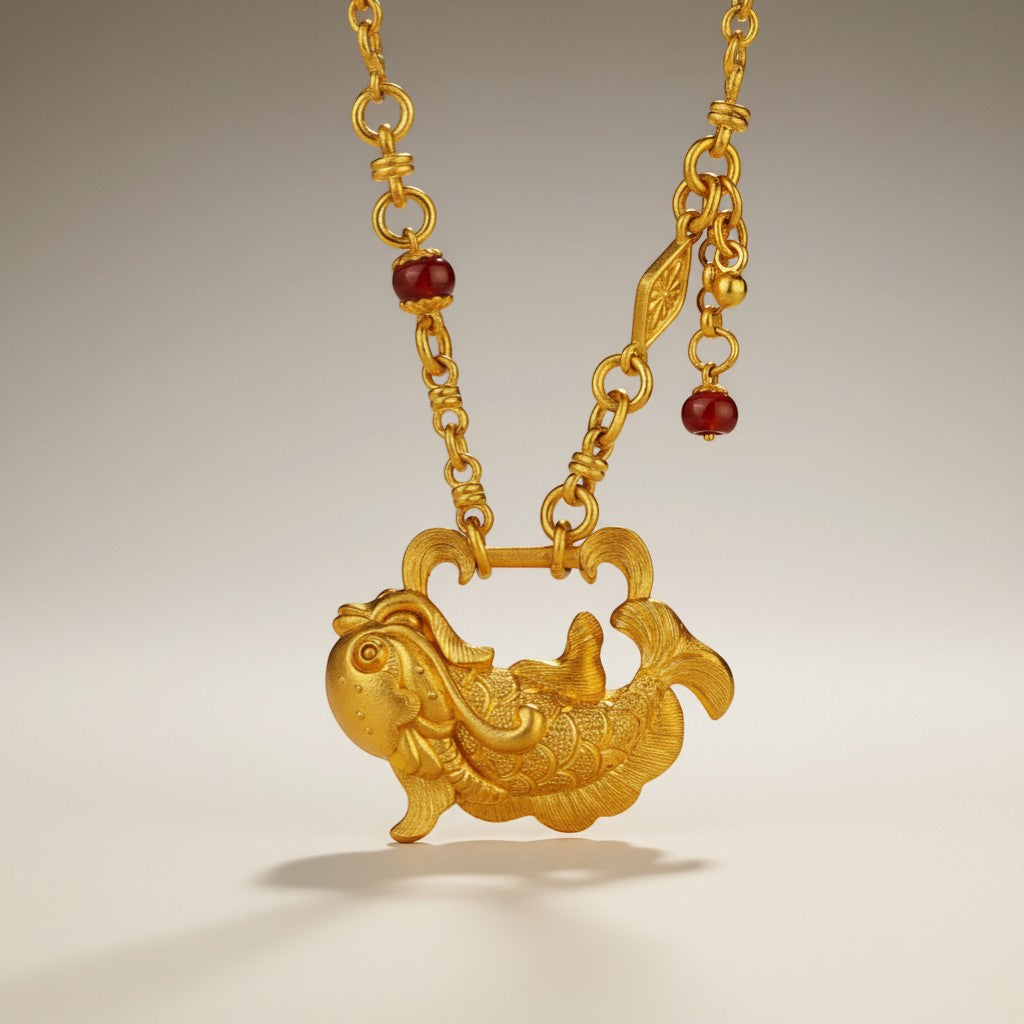 24K Gold Fish Leaping Over Dragon Gate Pendant Necklace