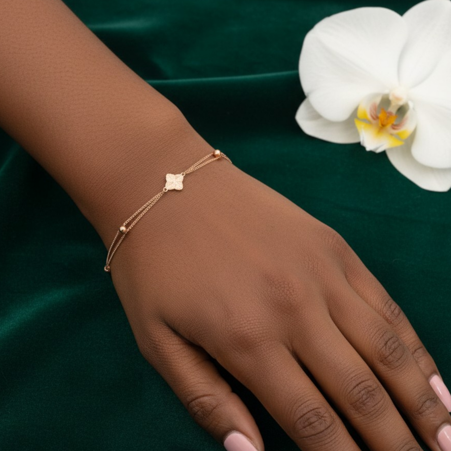 18K Rose Gold Flower clover Charm Bracelet