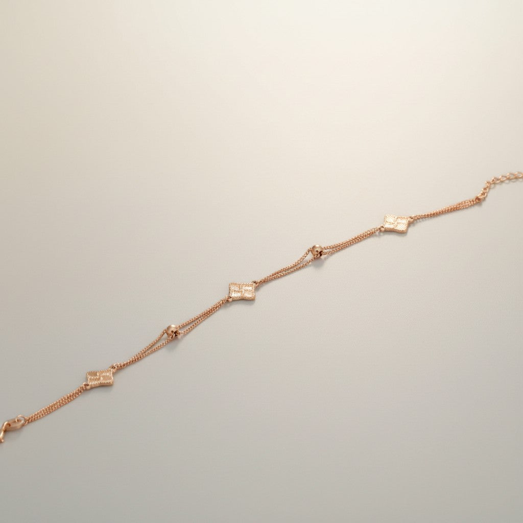 18K Rose Gold Flower clover Charm Bracelet