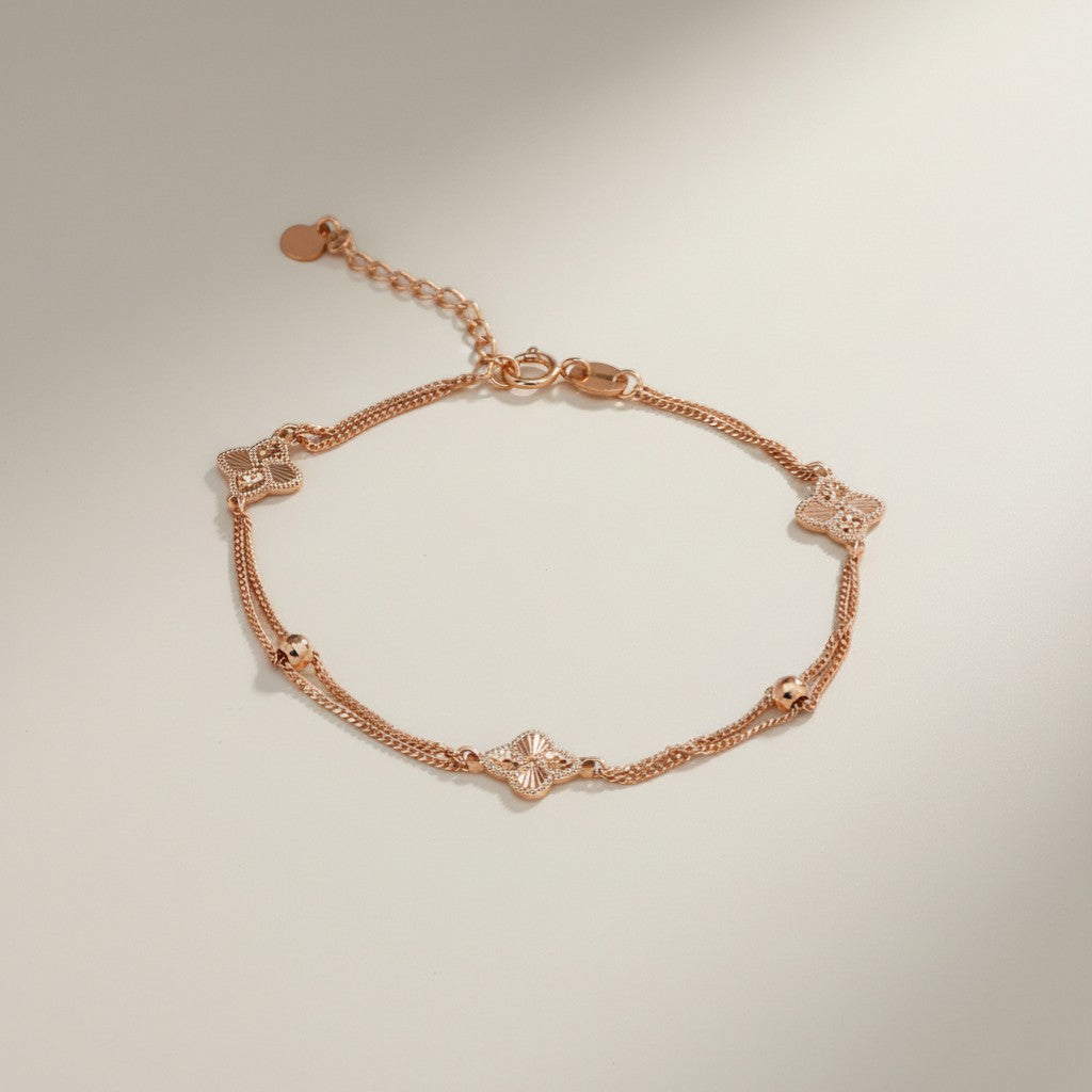 18K Rose Gold Flower clover Charm Bracelet