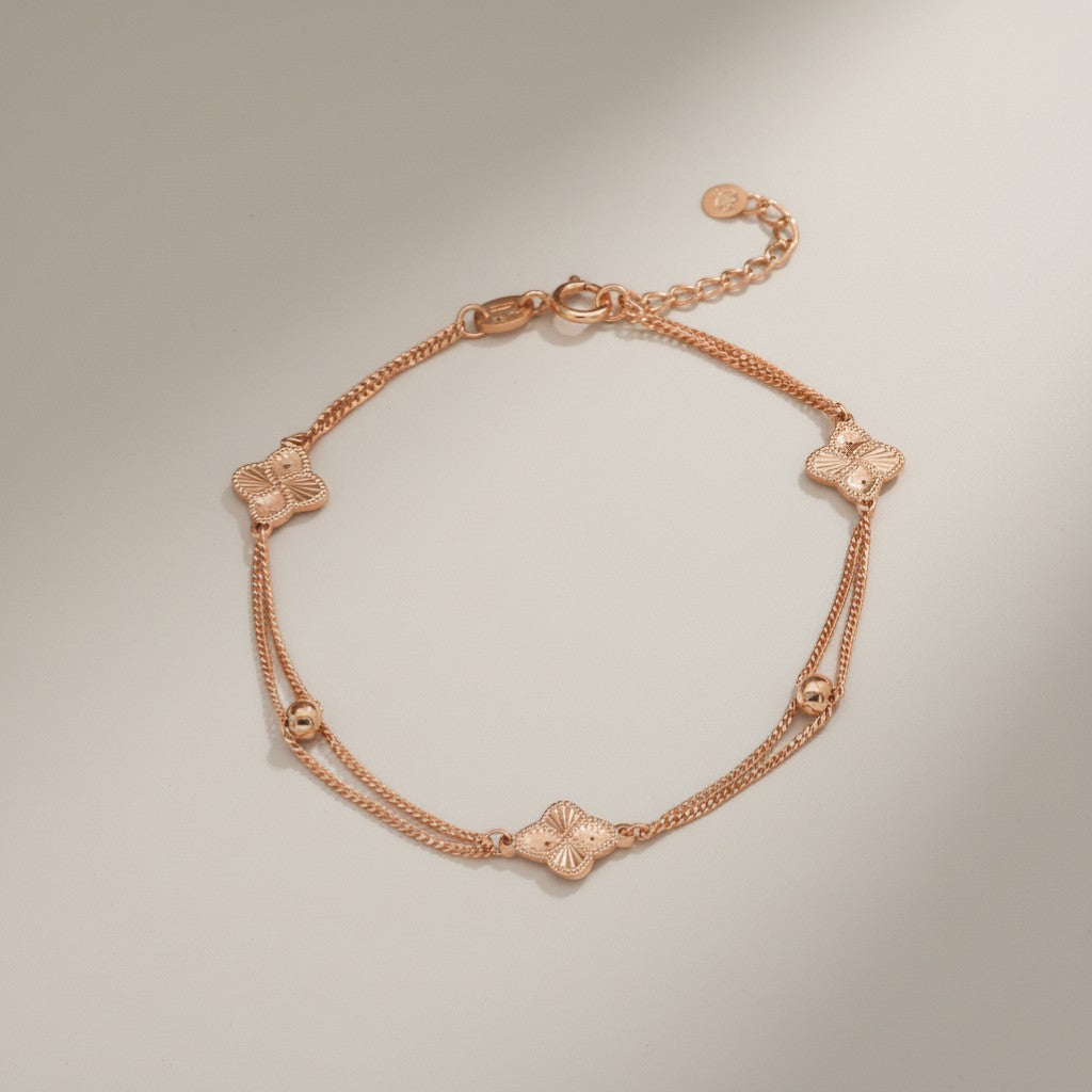 18K Rose Gold Flower clover Charm Bracelet