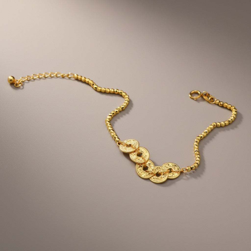 18K Gold Five Emperor Coins Charm with Beads Bracelet